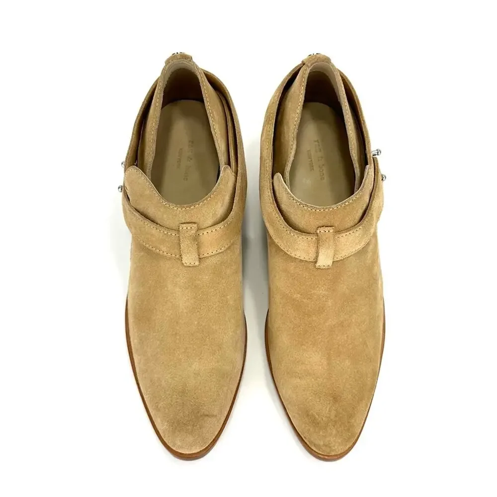 Rag & Bone Harley Women Tan Moto Bootie Size 7 Italian Suede Belted Block Heel